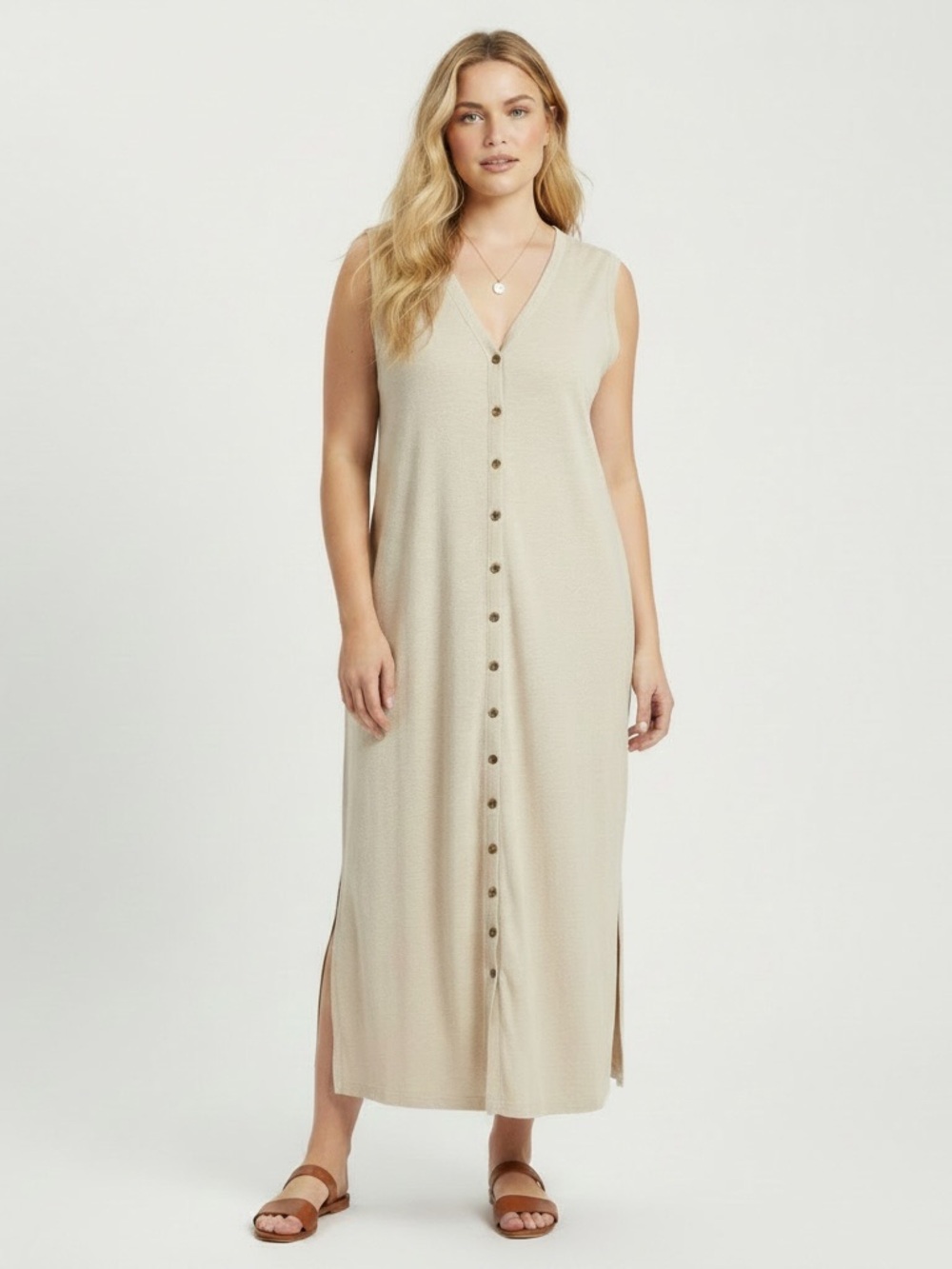 VINTAGE JONES NEW YORK Beige Linen Blend Midi Maxi Dress